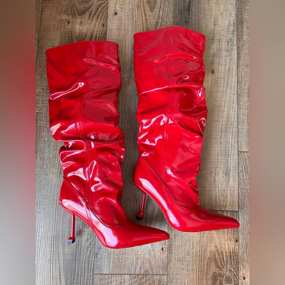Women’s Red Patent Slouch Knee-High Stiletto Boots